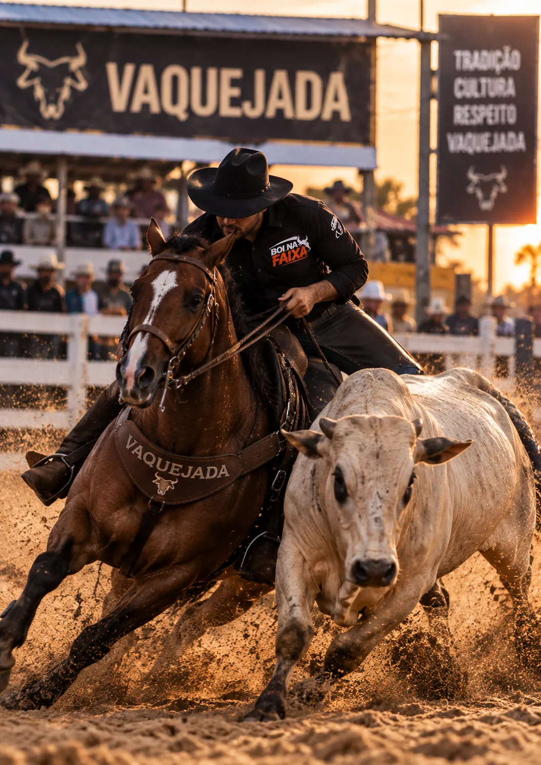 Vaquejada na pista de areia com cavalo e boi