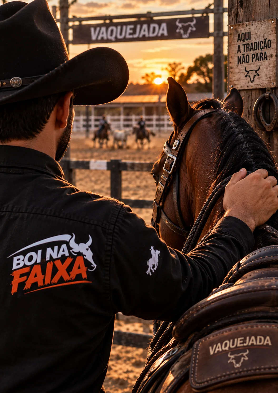 Vaqueiro ao lado do cavalo na vaquejada